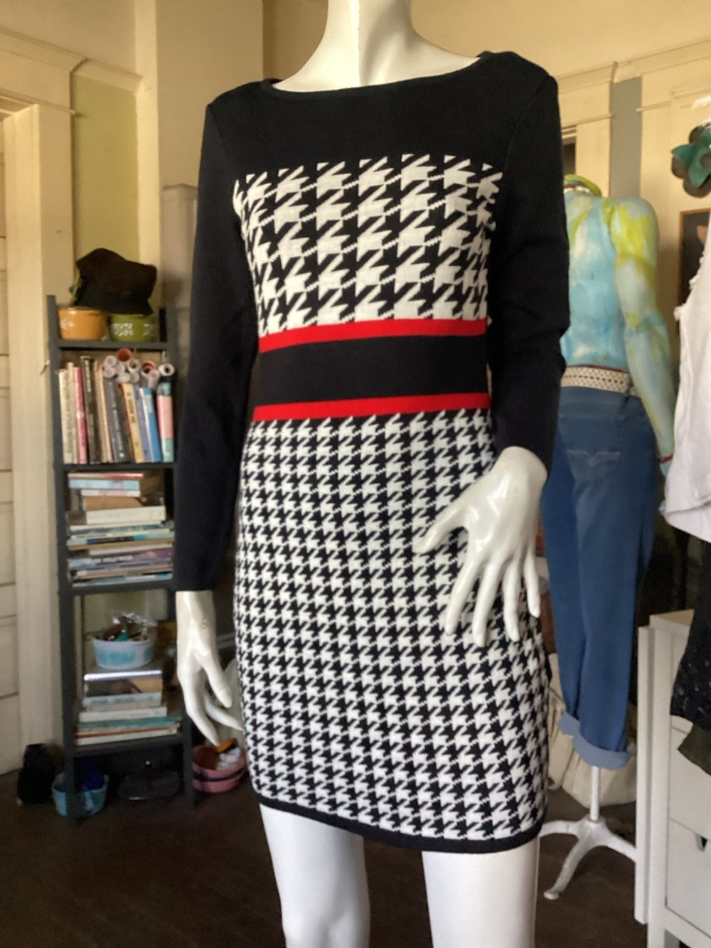 Black & White Houndstooth Sweater Dress with Red Accents from Venus